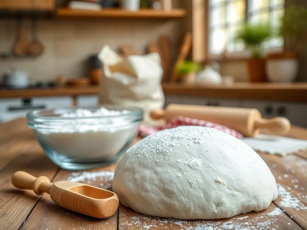 Miska mąki i wyrośnięte ciasto drożdżowe na drewnianym blacie, w tle kuchnia podkreślająca domowe pieczenie ciast