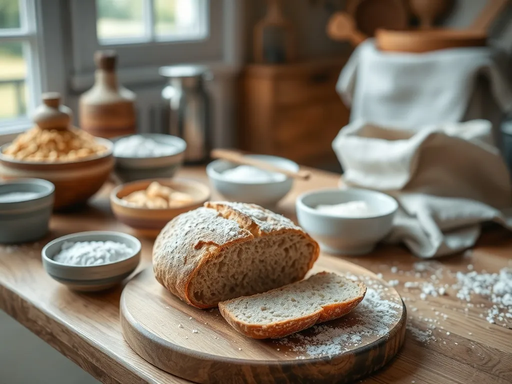 Różne rodzaje mąki w miseczkach i krojony bochenek chleba na drewnianym blacie w przytulnej, domowej kuchni.
