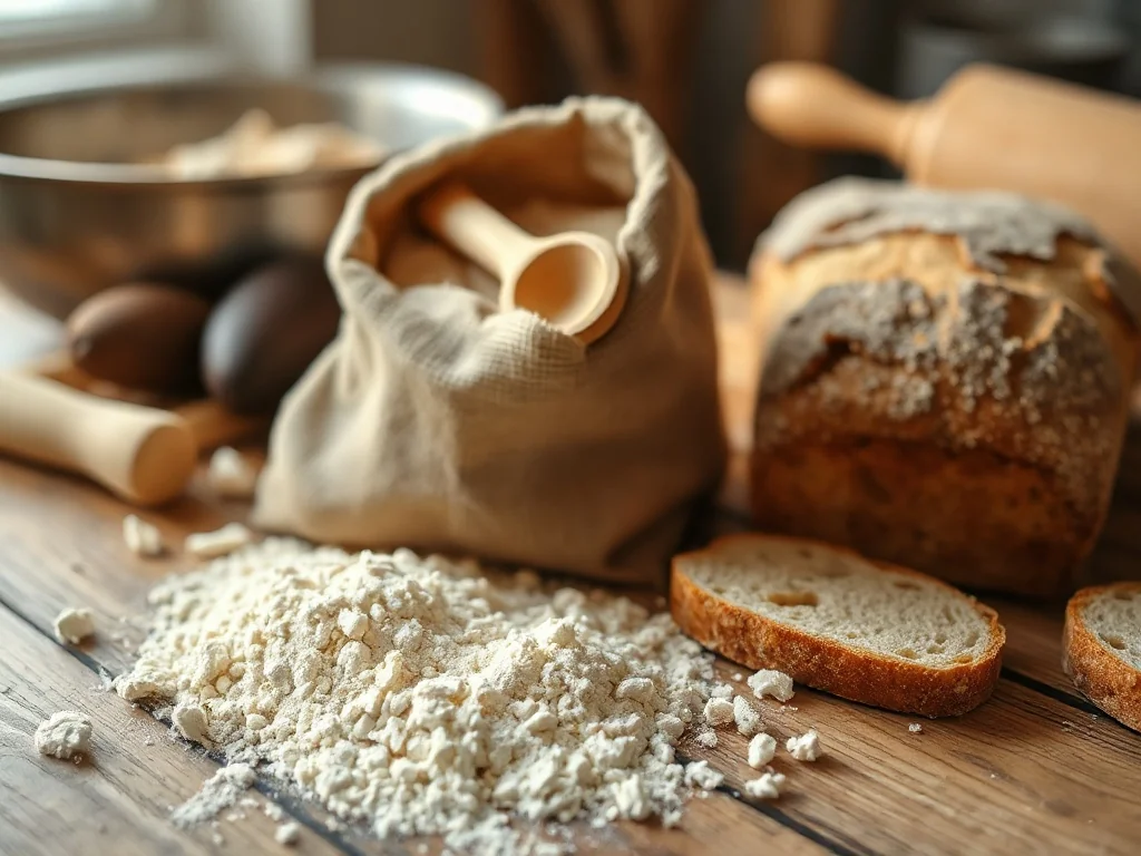 Mąka pytlowa wysypana z jutowego worka obok chleba domowego, drewniana łyżka i kuchenne tło w ciepłym świetle.
