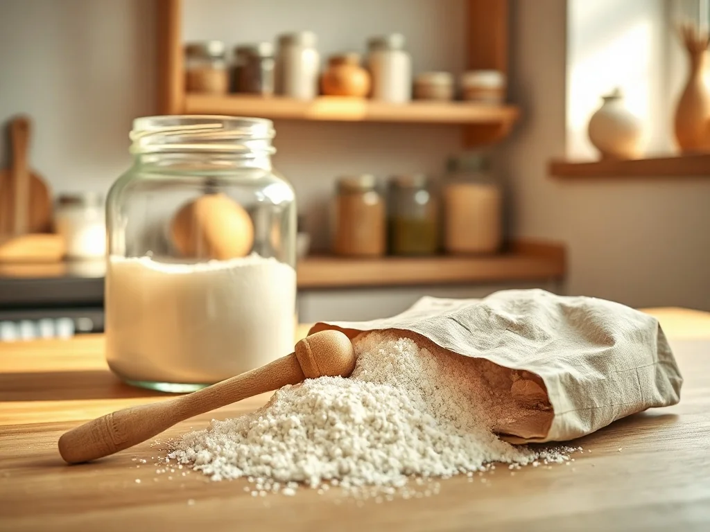 Słoik i papierowa torebka z białą mąką na blacie kuchennym, w tle uporządkowane półki z produktami.