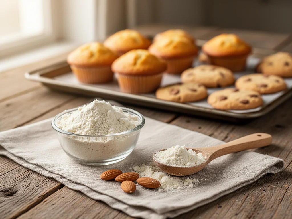 Miska z mąką migdałową, obok łyżka i całe migdały, w tle świeżo upieczone muffiny i ciasteczka na blasze