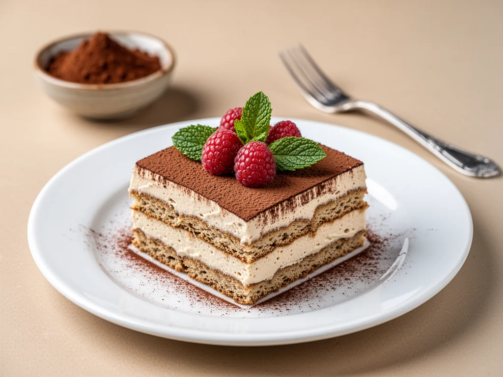 Kawałek fit tiramisu z warstwami biszkoptu i kremu, oprószony kakao, udekorowany malinami i miętą na jasnym talerzu.