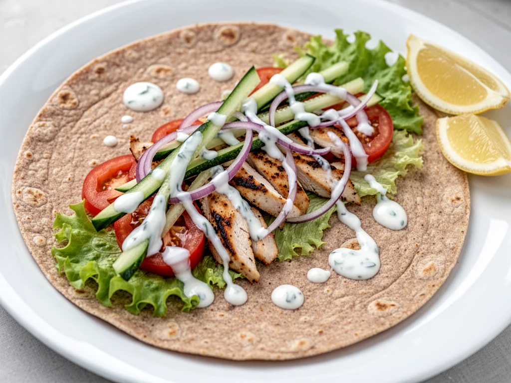 Pełnoziarnista tortilla z grillowanym kurczakiem, warzywami i sosem jogurtowo-czosnkowym, podana z cząstką cytryny.