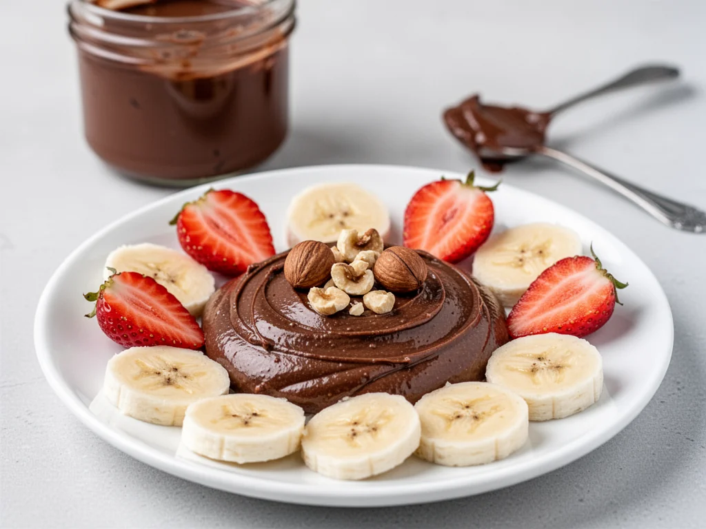 Fit nutella na białym talerzu z truskawkami, bananem i orzechami laskowymi, w tle słoiczek domowego kremu.