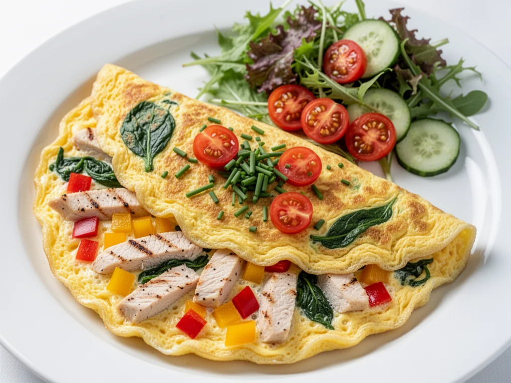 Puszysty fit omlet z kurczakiem, papryką i szpinakiem na talerzu z sałatką; apetyczne, zdrowe śniadanie z warzywami
