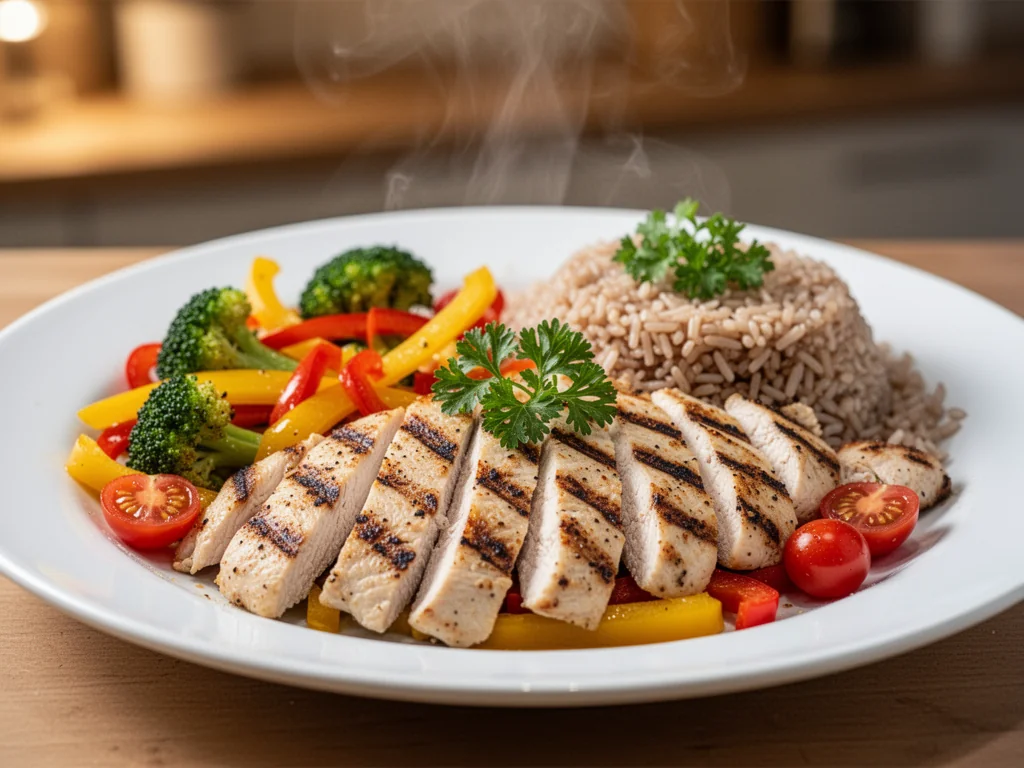 Dietetyczna, ciepła kolacja: grillowany kurczak z warzywami sauté, brązowym ryżem i pietruszką, podana na białym talerzu.
