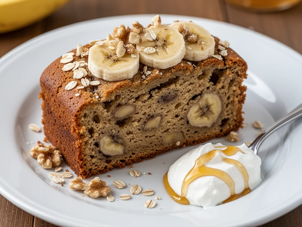 Kromka wilgotnego fit chlebka bananowego z bananem, orzechami, płatkami owsianymi i łyżką jogurtu greckiego z miodem.