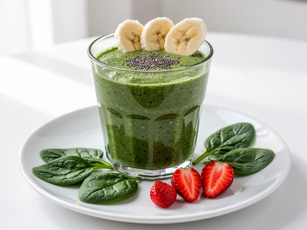 Szklanka zielonego fit smoothie z chia, bananem, szpinakiem i truskawkami, podana na jasnym, minimalistycznym tle.