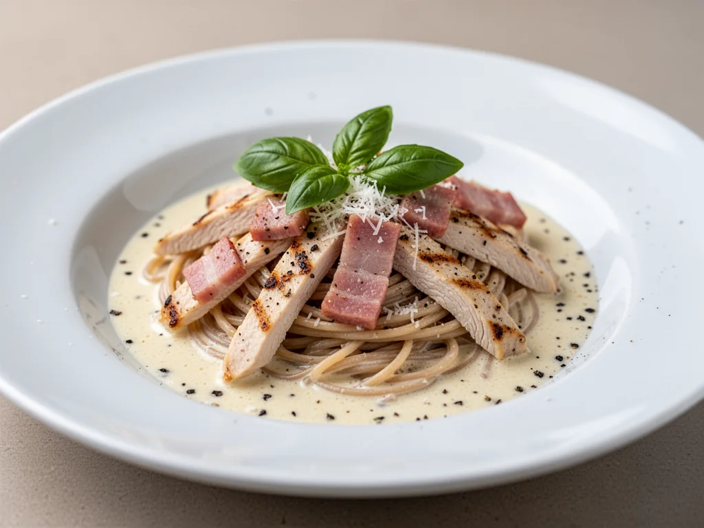 Fit carbonara z pełnoziarnistym makaronem, grillowanym kurczakiem, chudym boczkiem z indyka i bazylią na białym talerzu.