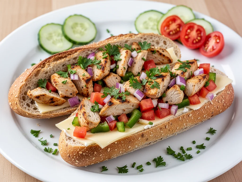 Fit zapiekanka na pełnoziarnistej bagietce z kurczakiem, warzywami i lekkim serem, podana z warzywną dekoracją.