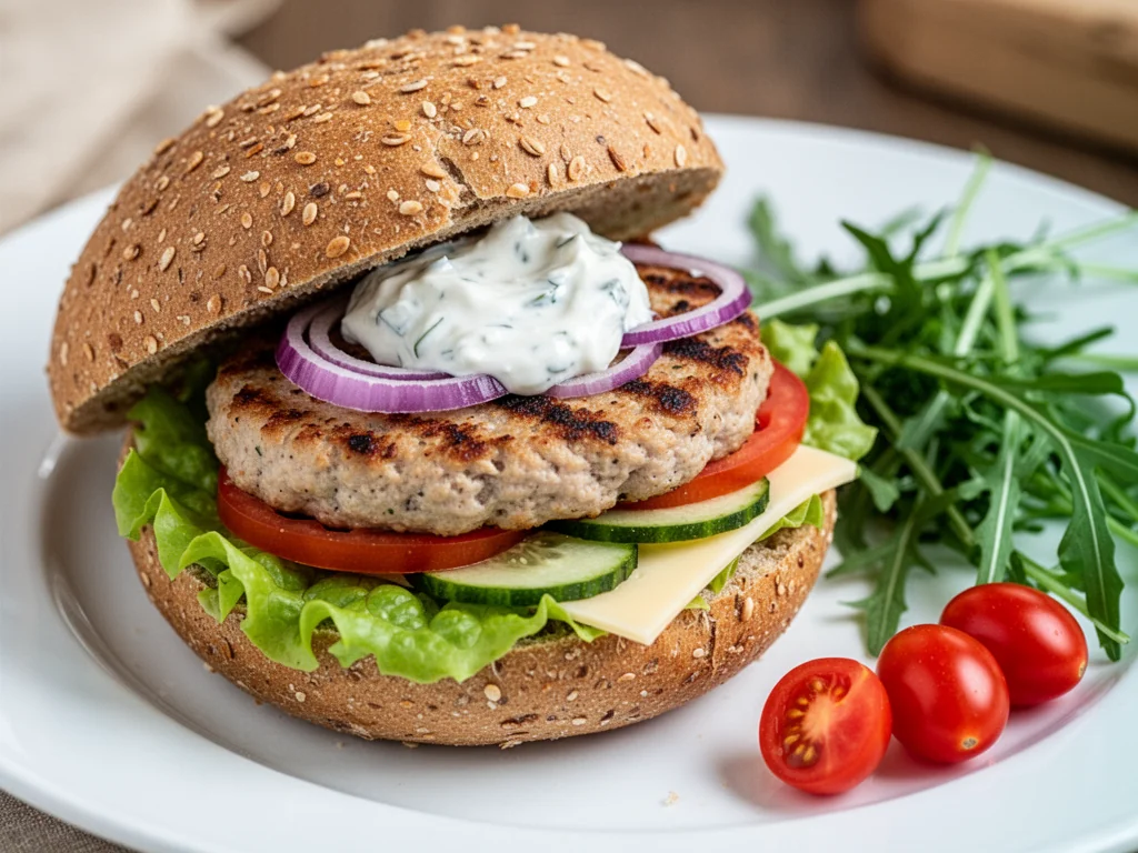 Fit burger z indykiem, warzywami i sosem jogurtowo-czosnkowym na pełnoziarnistej bułce, podany z rukolą i pomidorkami.