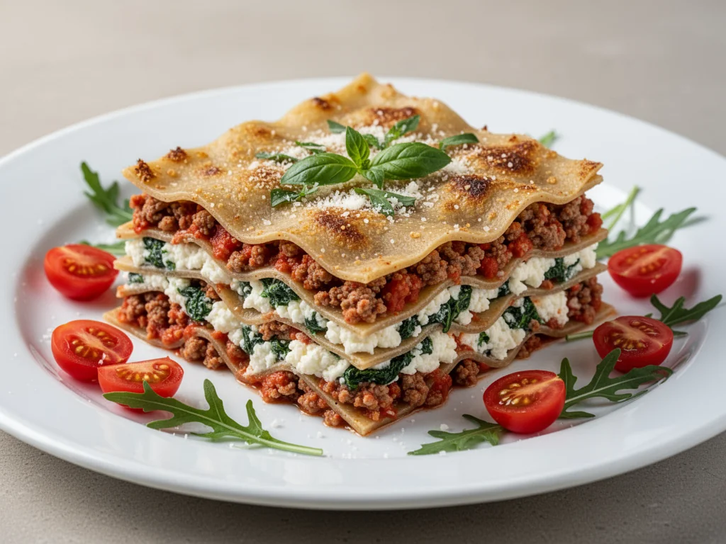 Porcja fit lasagne z pełnoziarnistym makaronem, chudym mięsem, szpinakiem i ricottą, podana z rukolą i pomidorkami koktajlowymi.
