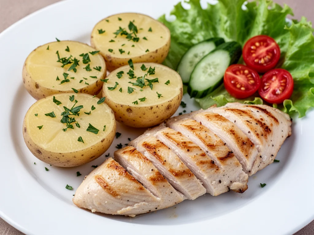 Dietetyczny obiad: gotowane ziemniaki, grillowany filet z kurczaka i świeża sałatka z ogórkiem oraz pomidorkami.