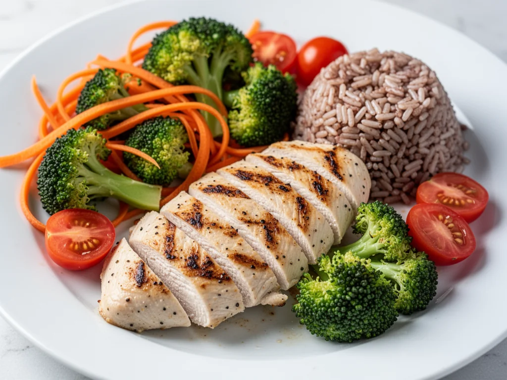Dietetyczny obiad: grillowany kurczak z brązowym ryżem, brokułami, marchewką i pomidorkami jako fit propozycja na lunch.
