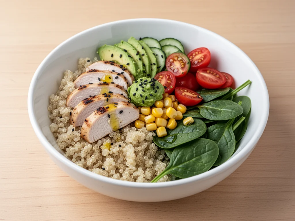 Kolorowy fit bowl z komosą ryżową, kurczakiem, warzywami i awokado, podany jako zdrowa propozycja obiadu.
