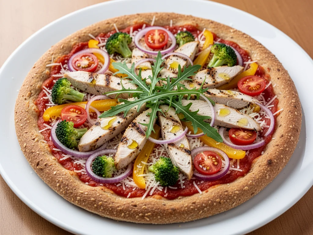 Pełnoziarnista fit pizza z kurczakiem, warzywami i rukolą, ilustrująca zdrową, kolorową wersję tradycyjnej pizzy.
