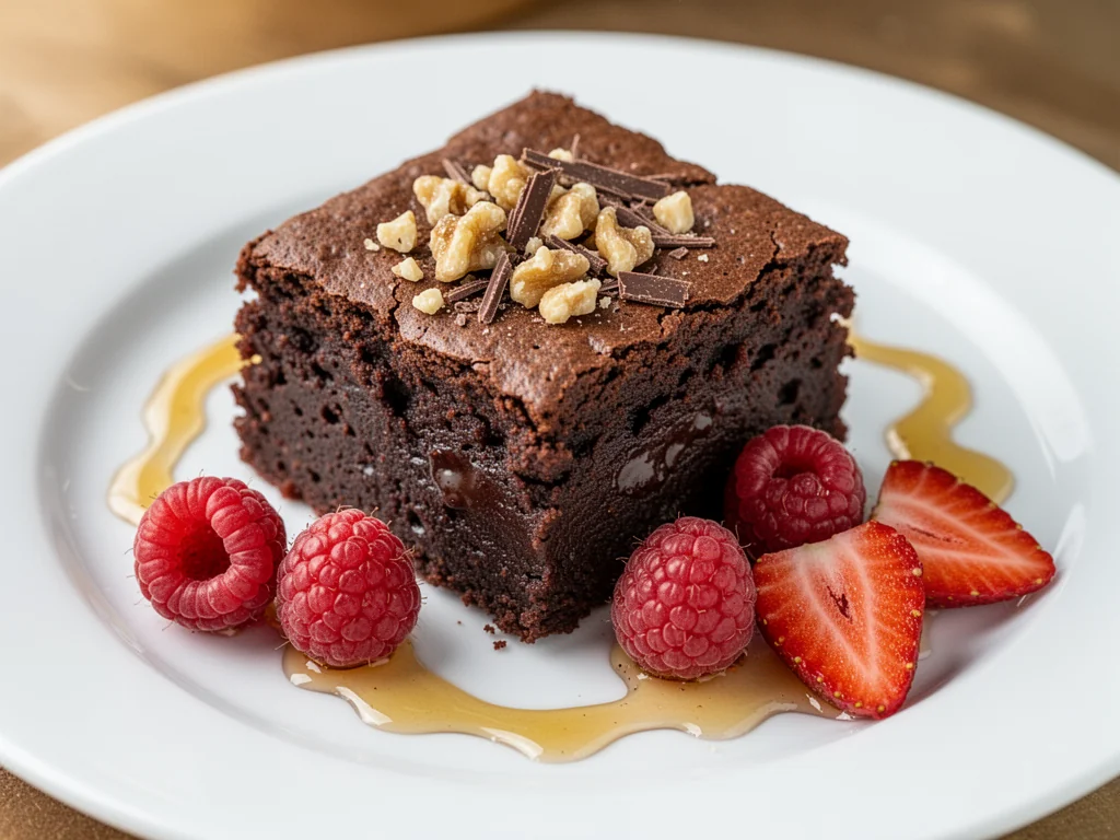 Fit brownie na białym talerzu z orzechami, wiórkami czekolady, malinami, truskawkami i miodem jako zdrowy deser.
