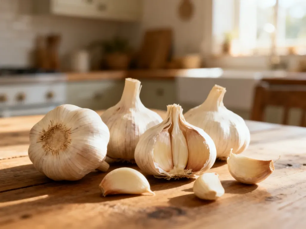 Główki i ząbki czosnku leżące na drewnianym stole w przytulnej kuchni, podkreślające naturalną świeżość produktu.