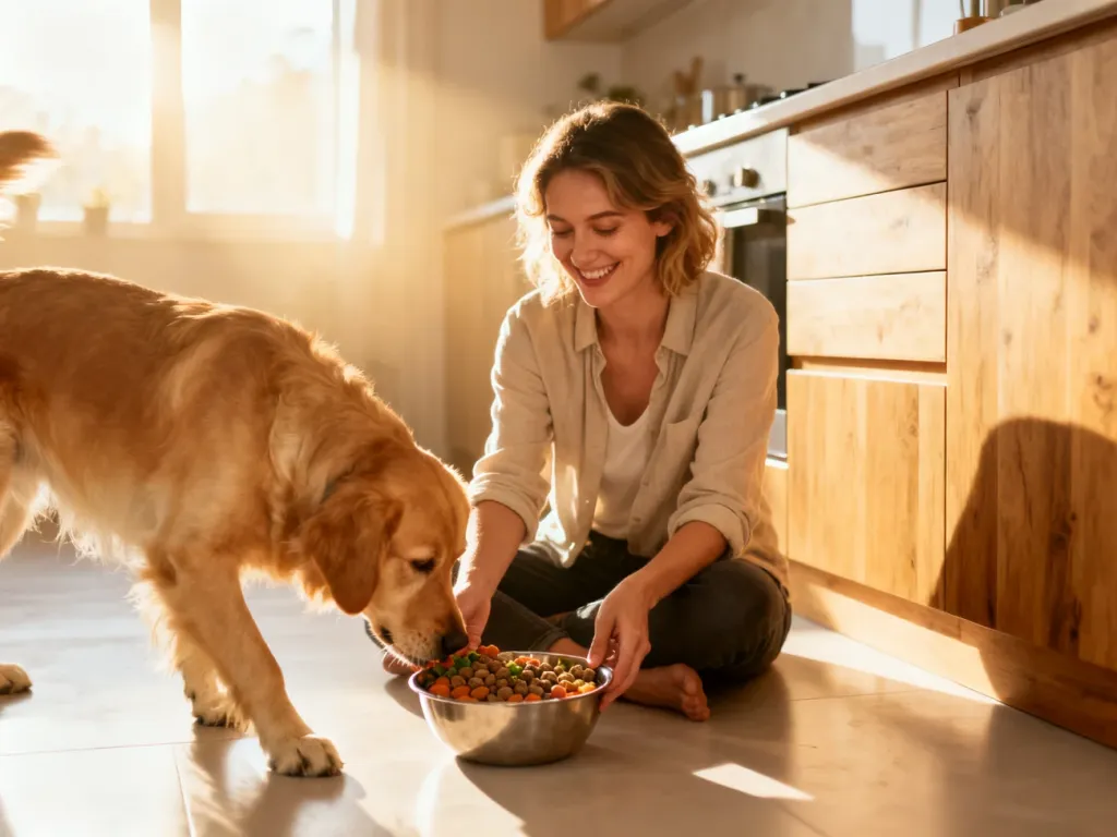 Uśmiechnięta kobieta podaje swojemu golden retrieverowi miskę ze zdrowym, domowym posiłkiem w słonecznej kuchni.