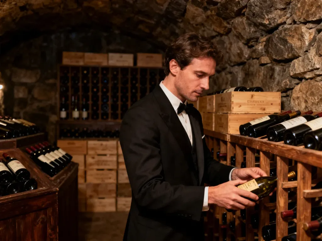 Sommelier układa butelkę wina na drewnianym regale w nastrojowej, kamiennej piwniczce.