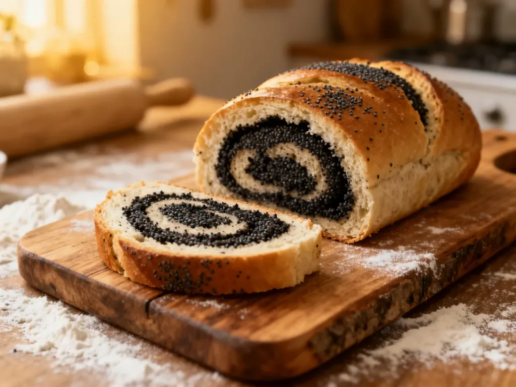 Pokrojony makowiec na drewnianej desce w przytulnej kuchni, podkreślający apetyczne nadzienie z maku.