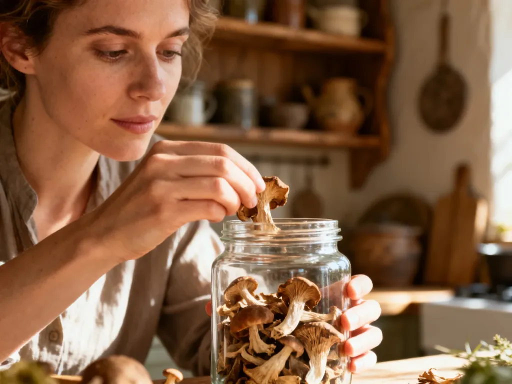 Kobieta wkłada suszone grzyby do szklanego słoika w przytulnej kuchni, dbając o ich właściwe przechowywanie.