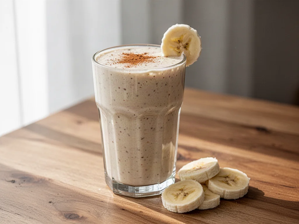 Kremowy koktajl bananowy w wysokiej szklance, udekorowany cynamonem i plastrem banana na drewnianym stole.