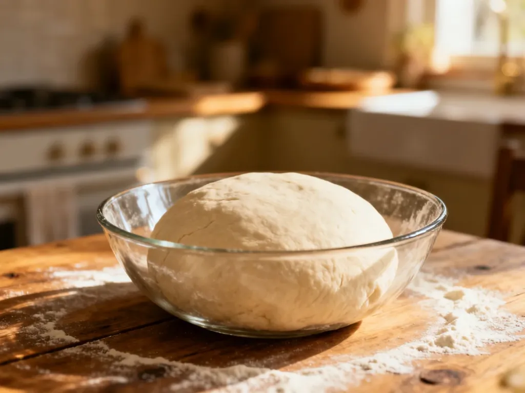 Gładka kula ciasta na pizzę w szklanej misce na drewnianym blacie, przygotowana do wyrastania.