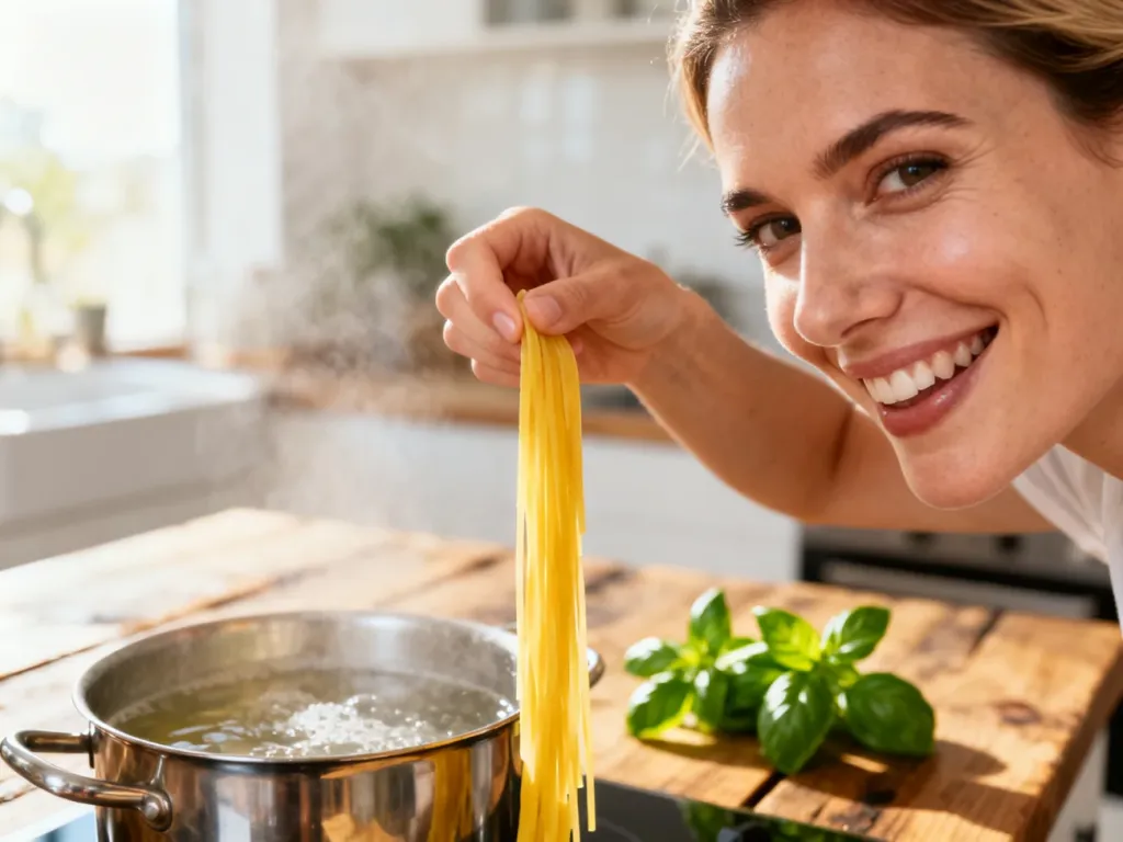 Kobieta w nowoczesnej kuchni sprawdza stopień ugotowania makaronu al dente.