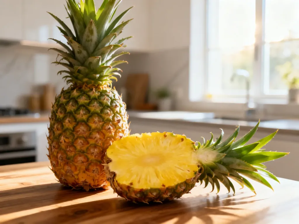 Świeży, przekrojony ananas z żółtym miąższem leżący na drewnianym blacie kuchennym w słonecznej kuchni.