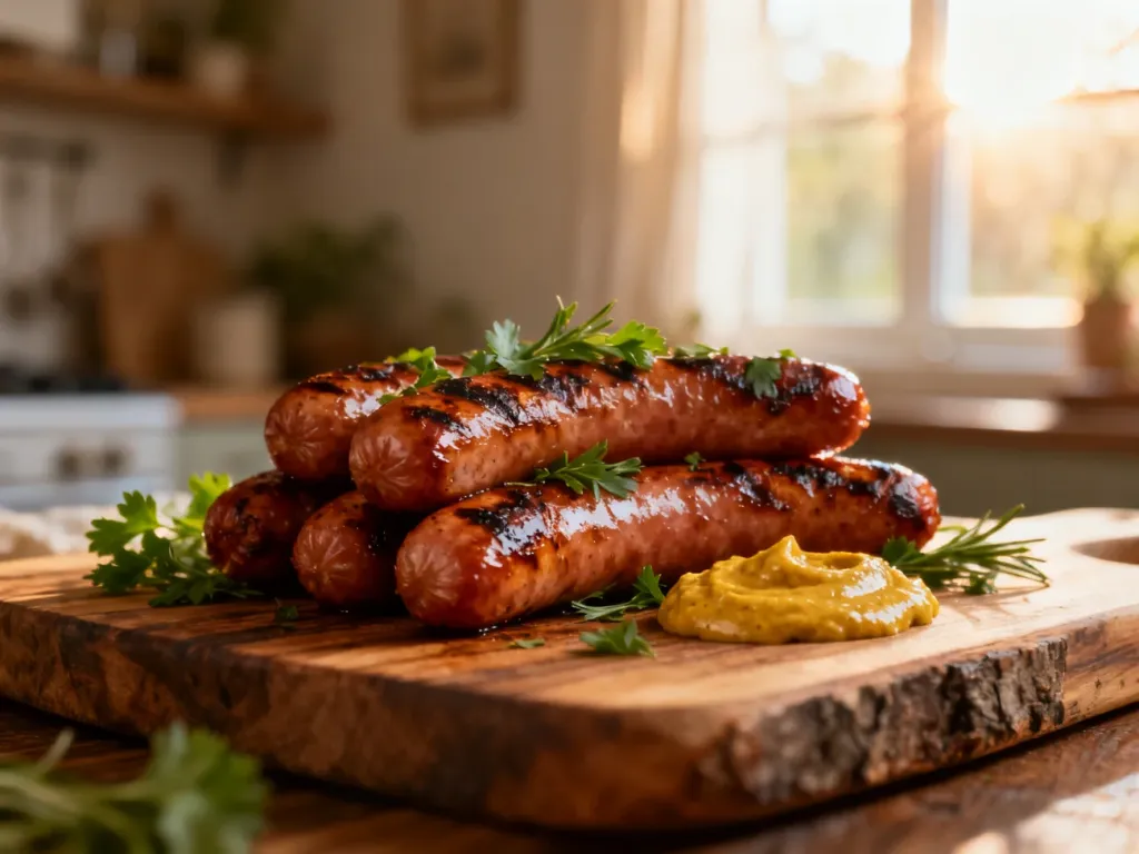 Soczyste, grillowane frankfurterki na drewnianej desce z musztardą i ziołami w przytulnej kuchni.