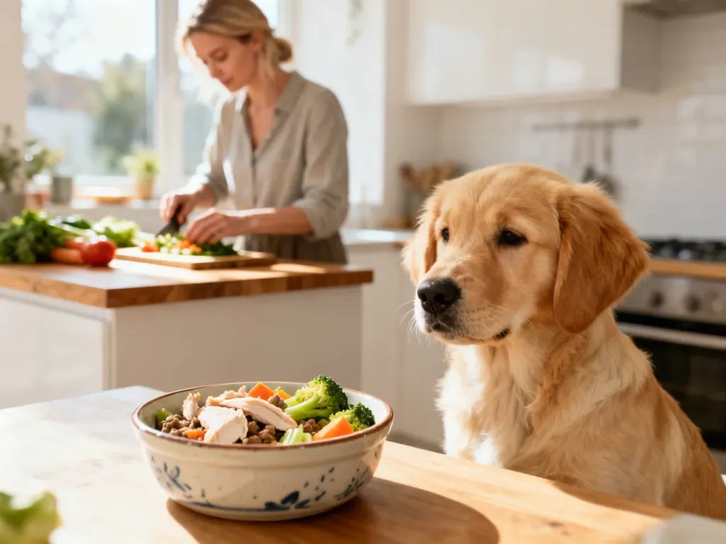 Szczeniak golden retriever siedzi w kuchni obok miski ze zdrowym, domowym posiłkiem z kurczaka i warzyw.