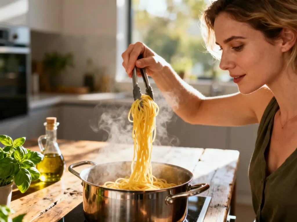 Kobieta w nowoczesnej kuchni wyjmuje szczypcami ugotowany makaron spaghetti z parującego garnka.