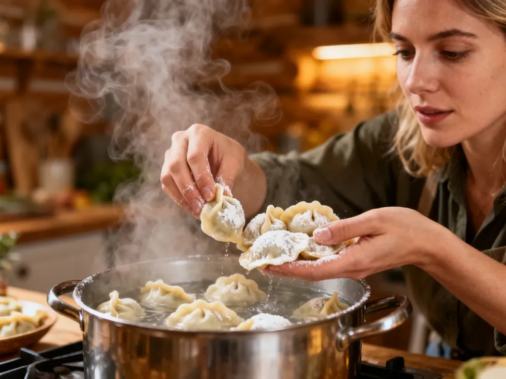Kobieta wkłada świeże pierogi do garnka z wrzącą wodą w przytulnej, rustykalnej kuchni.