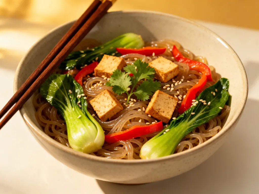Miska makaronu konjac z tofu, bok choy i papryką, posypana sezamem i kolendrą. Zdrowe danie typu stir-fry w minimalistycznej misce.