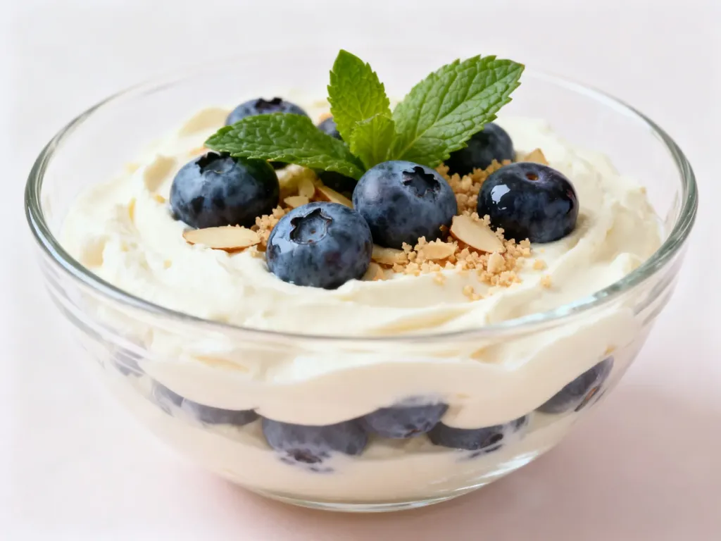 Fit deser z mascarpone w szklanej miseczce, udekorowany świeżymi borówkami, listkami mięty i kruszonymi migdałami.