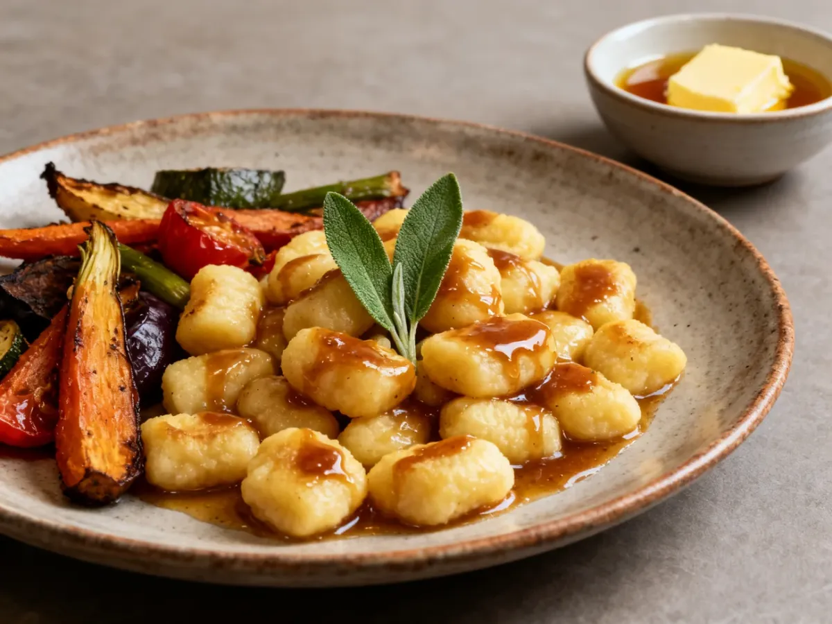 Gnocchi polane palonym masłem i posypane świeżą szałwią