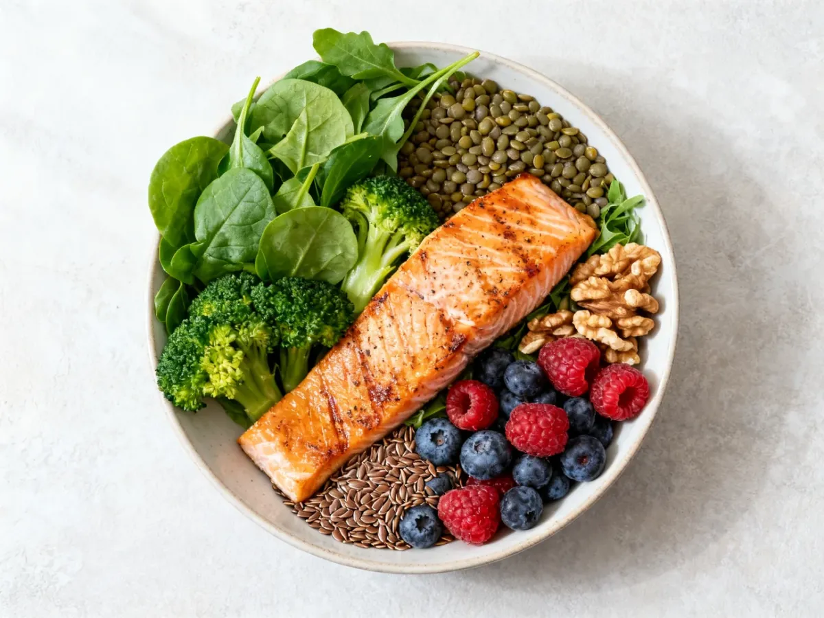 Zbilansowany posiłek z rybą, warzywami, roślinami strączkowymi i źródłami omega-3