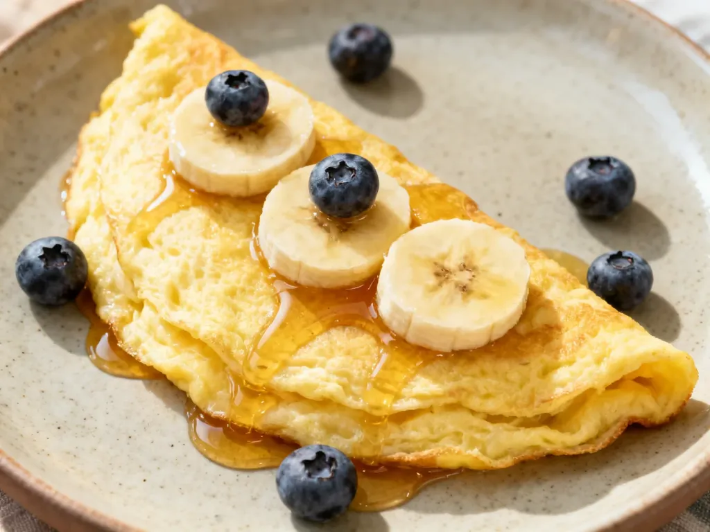 Puszysty omlet bananowy z plastrami banana, borówkami i miodem na ceramicznym talerzu.