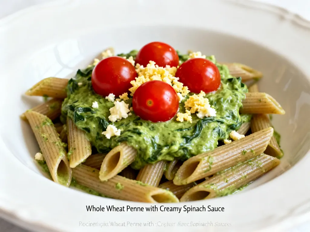Porcja pełnoziarnistego makaronu penne w kremowym sosie szpinakowym z pomidorkami koktajlowymi i serem feta na talerzu.