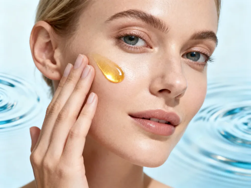 Kobieta nakładająca złociste serum na promienną skórę policzka, podkreślające korzyści pielęgnacji kwasami omega-3.