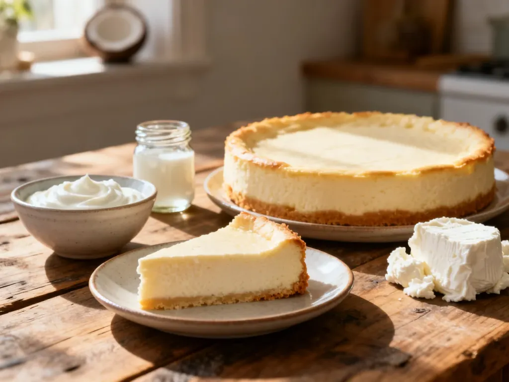 Kawałek sernika na talerzu w otoczeniu naturalnych zamienników masła, takich jak jogurt grecki, olej kokosowy i ricotta.