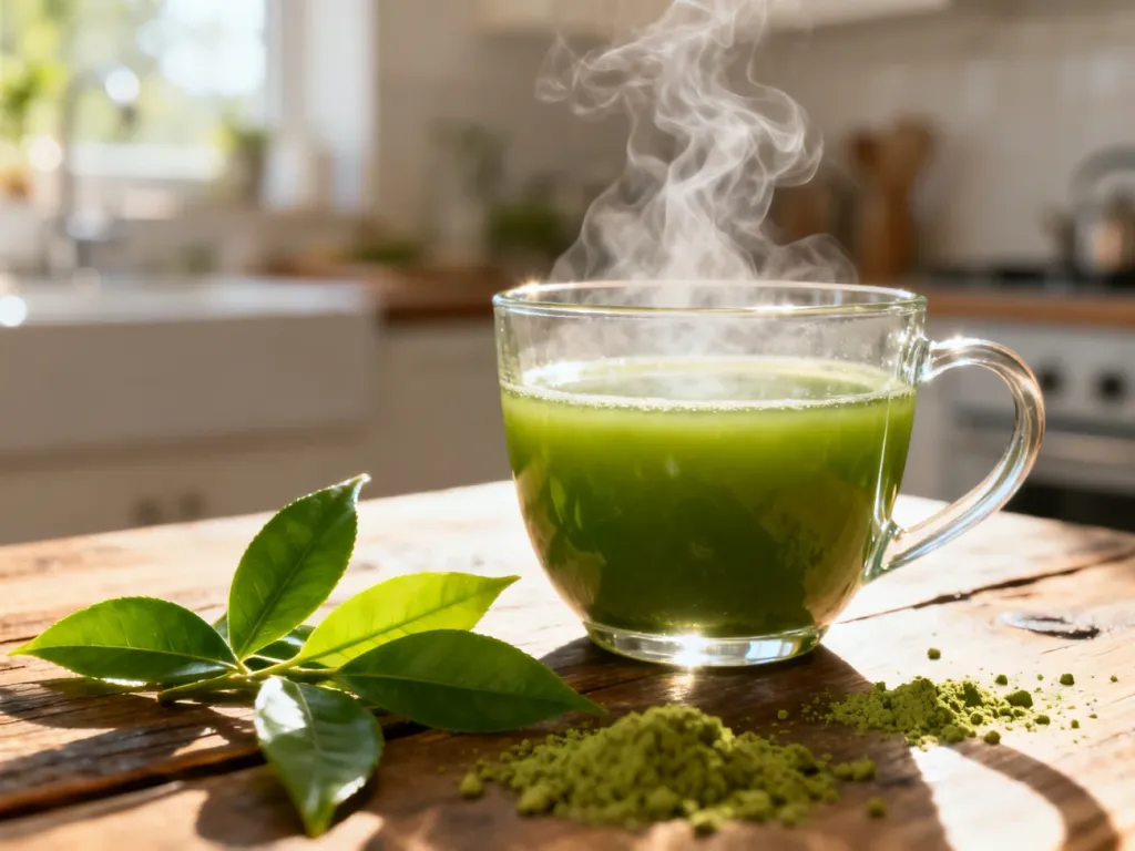 Szklanka parującej zielonej herbaty na drewnianym stole w otoczeniu świeżych liści i proszku matcha w słonecznej kuchni.