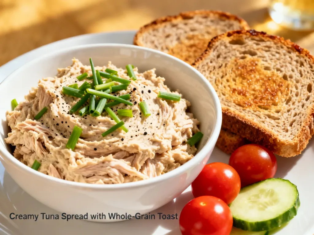 Kremowa pasta z tuńczyka podana z pełnoziarnistymi grzankami, świeżym szczypiorkiem, pomidorkami i ogórkiem.