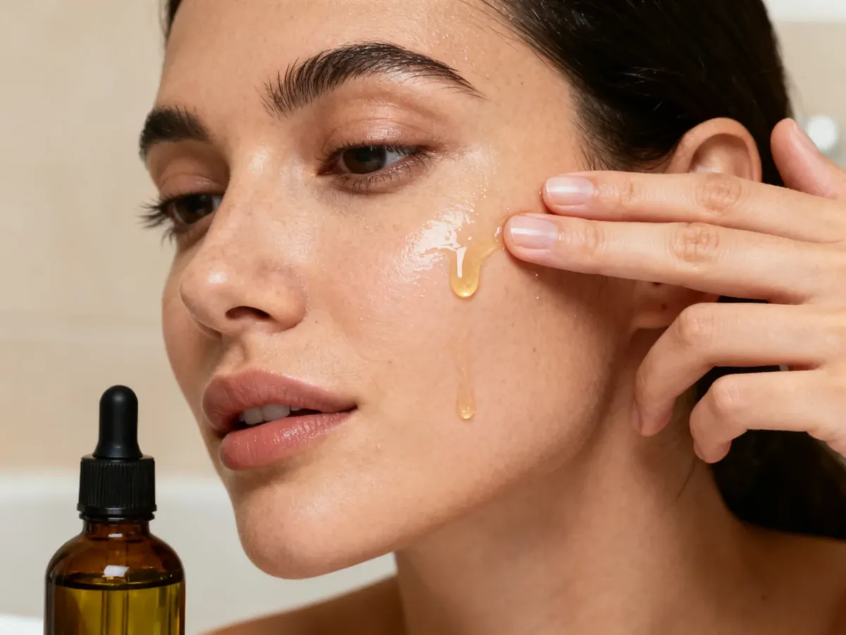 A person applying avocado oil to damp facial skin