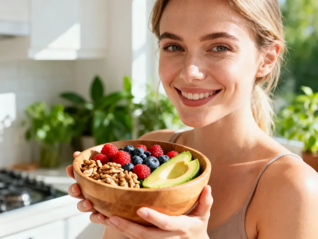 Uśmiechnięta kobieta trzymająca miskę ze świeżymi owocami, orzechami i awokado, promująca zdrową dietę dla promiennej cery.
