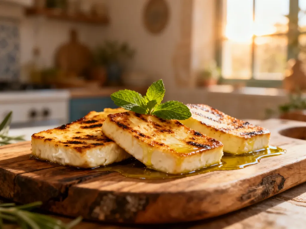 Złociste plastry grillowanego sera halloumi z miętą i oliwą na drewnianej desce.
