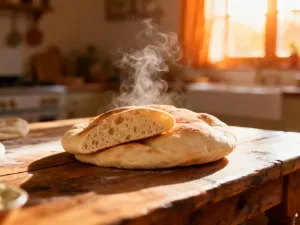 Świeża kalarepa z zielonymi liśćmi na drewnianym stole w słonecznej kuchni.