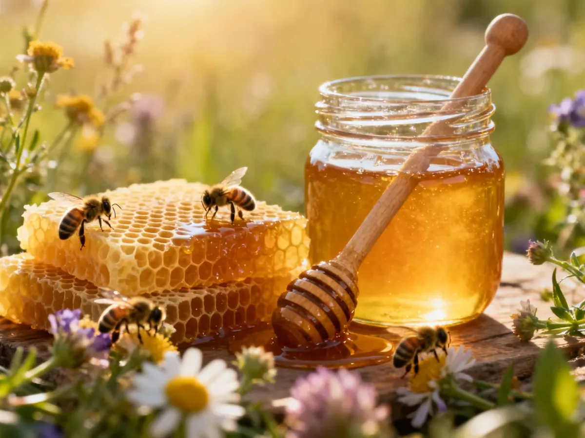 Słoik naturalnego miodu z plastrem miodu i pszczołami