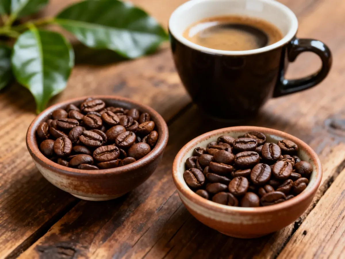 Dwa rodzaje ziaren kawy Arabica i Robusta obok filiżanki espresso